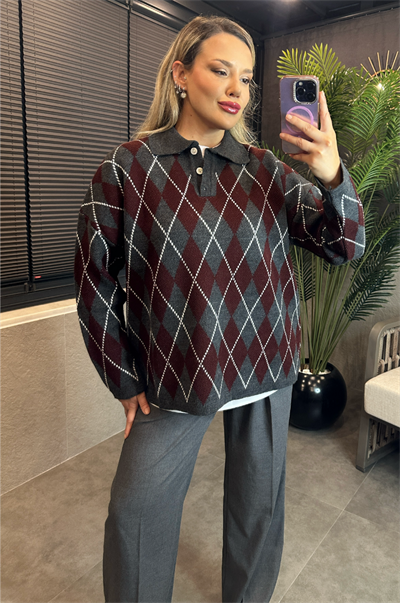 Bordo Polo Yaka Baklava Desenli Kazak