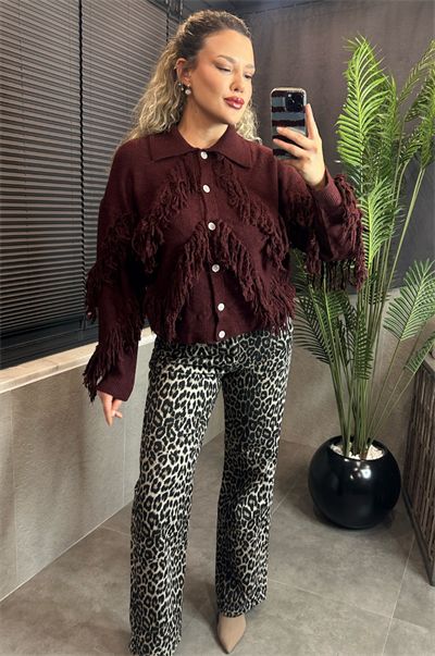 Bordo Polo Yaka Püsküllü Triko Hırka