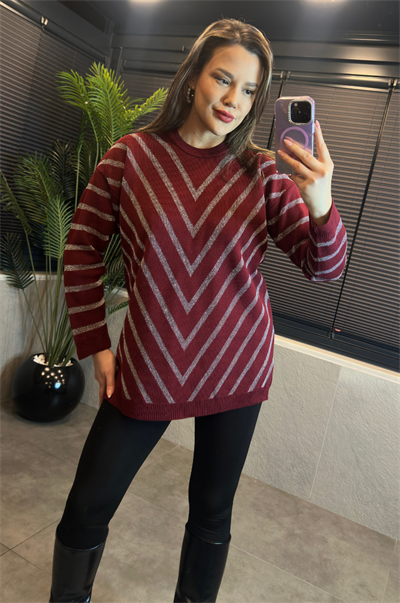 Bordo Simli Bisiklet Yaka Oversize Uzun Kazak