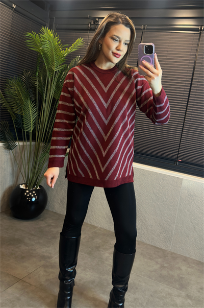 Bordo Simli Bisiklet Yaka Oversize Uzun Kazak