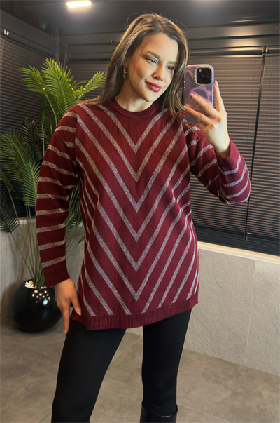 Bordo Simli Bisiklet Yaka Oversize Uzun Kazak