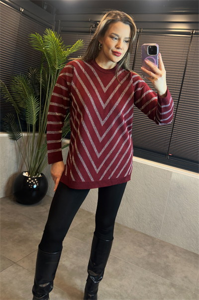 Bordo Simli Bisiklet Yaka Oversize Uzun Kazak