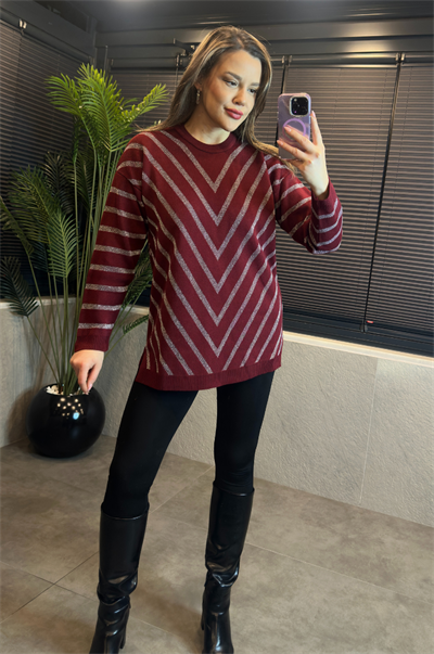 Bordo Simli Bisiklet Yaka Oversize Uzun Kazak