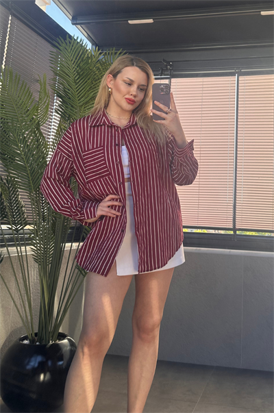 Bordo Tek Cepli Çizgili Oversize Modal Gömlek