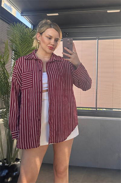 Bordo Tek Cepli Çizgili Oversize Modal Gömlek