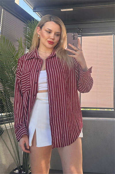 Bordo Tek Cepli Çizgili Oversize Modal Gömlek