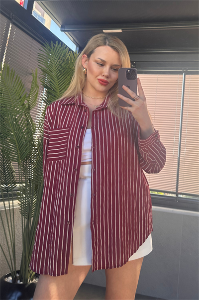 Bordo Tek Cepli Çizgili Oversize Modal Gömlek