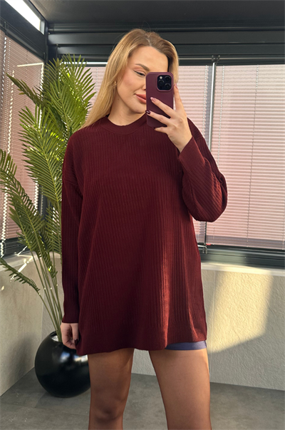 Bordo Yarı Boğazlı Fitilli Oversize Kazak