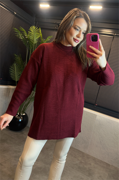 Bordo Yarı Boğazlı Fitilli Oversize Kazak 