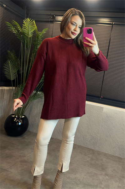 Bordo Yarı Boğazlı Fitilli Oversize Kazak 