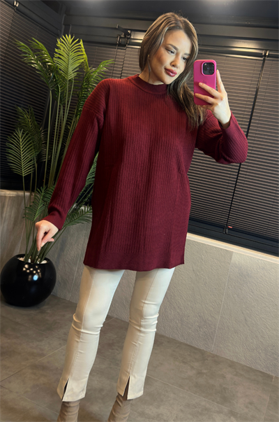 Bordo Yarı Boğazlı Fitilli Oversize Kazak 
