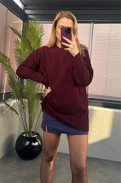Bordo Yarı Boğazlı Fitilli Oversize Kazak