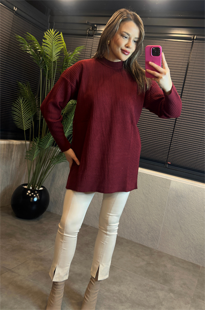 Bordo Yarı Boğazlı Fitilli Oversize Kazak 