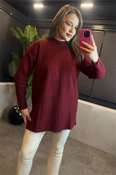 Bordo Yarı Boğazlı Fitilli Oversize Kazak 