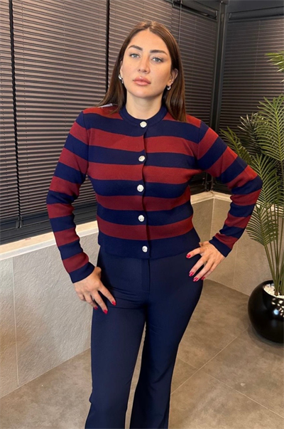 Bordo&Lacivert Çizgi Detaylı Hırka