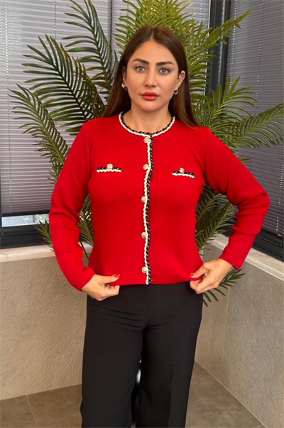 Burgu Şeritli Özel İşleme Düğmeli Kırmızı Hırka