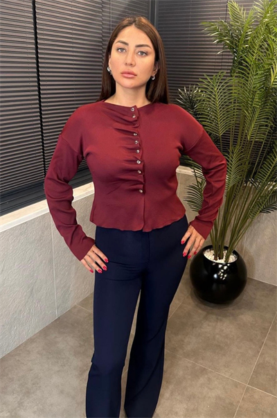 Büzgü Detaylı Bordo Triko Hırka