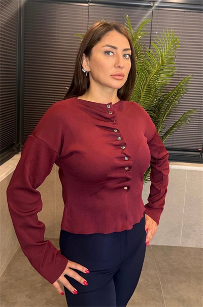 Büzgü Detaylı Bordo Triko Hırka