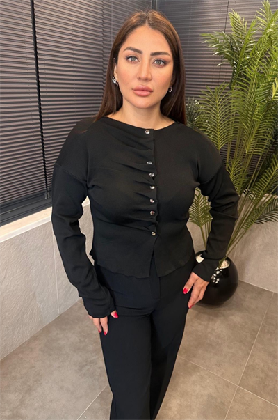 Büzgü Detaylı Siyah Triko Hırka