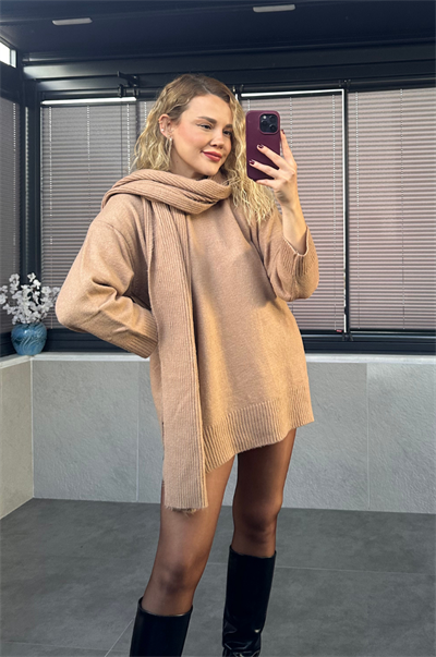 Camel Bisiklet Yaka Atkılı Oversize Kazak
