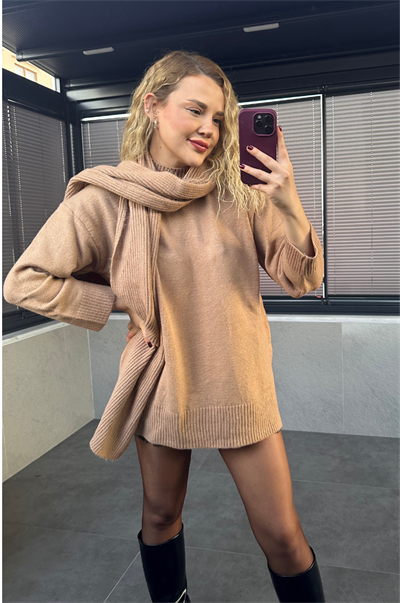 Camel Bisiklet Yaka Atkılı Oversize Kazak