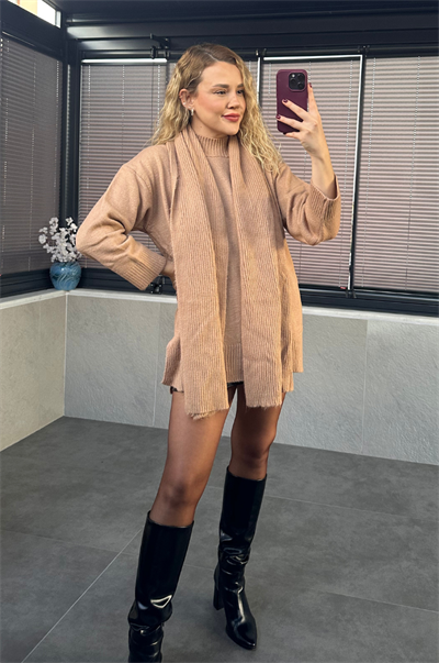 Camel Bisiklet Yaka Atkılı Oversize Kazak