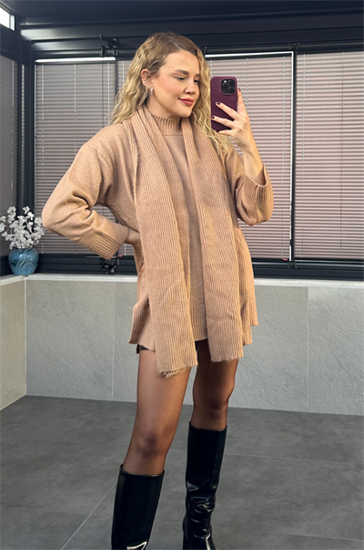 Camel Bisiklet Yaka Atkılı Oversize Kazak