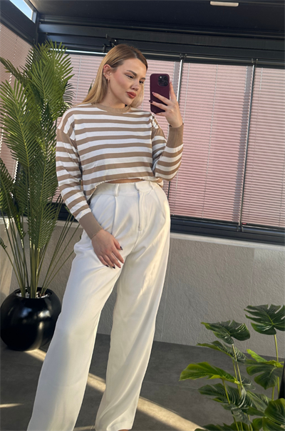 Camel Çizgili Rahat Kalıp Triko