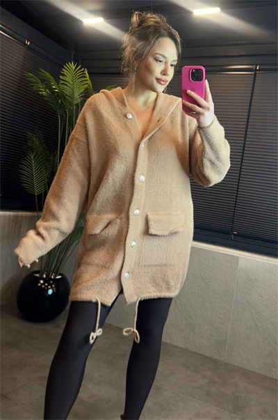 Camel Kapüşonlu Cep Detaylı Peluş Uzun Hırka