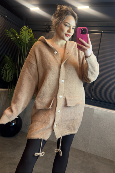 Camel Kapüşonlu Cep Detaylı Peluş Uzun Hırka