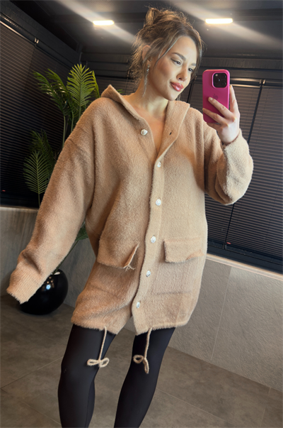 Camel Kapüşonlu Cep Detaylı Peluş Uzun Hırka