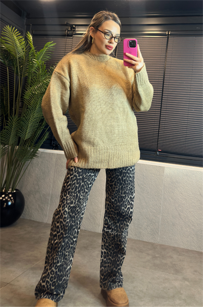 Camel Oversize Bisiklet Yaka Yumoş Uzun Kazak