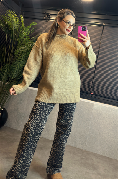Camel Oversize Bisiklet Yaka Yumoş Uzun Kazak