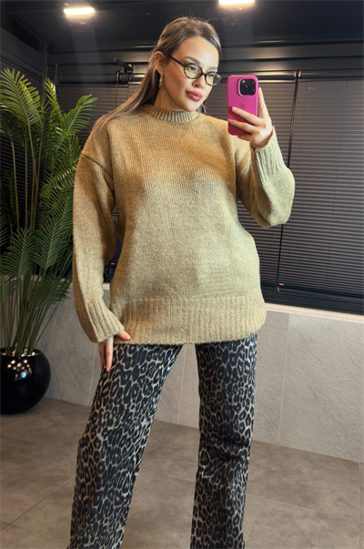Camel Oversize Bisiklet Yaka Yumoş Uzun Kazak