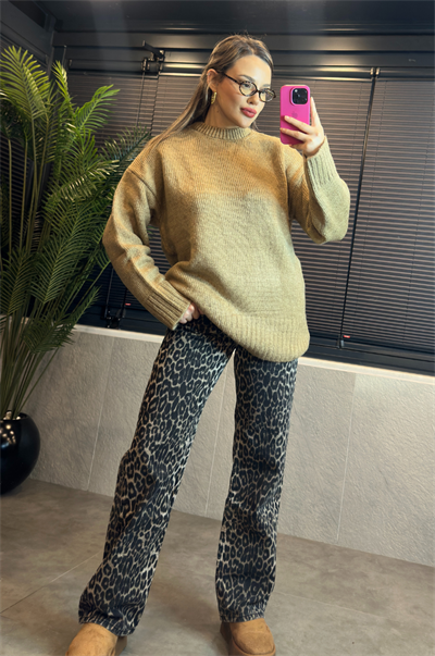 Camel Oversize Bisiklet Yaka Yumoş Uzun Kazak