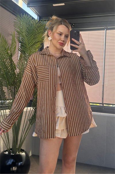 Camel Tek Cepli Çizgili Oversize Modal Gömlek