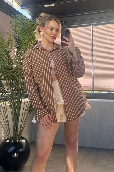 Camel Tek Cepli Çizgili Oversize Modal Gömlek
