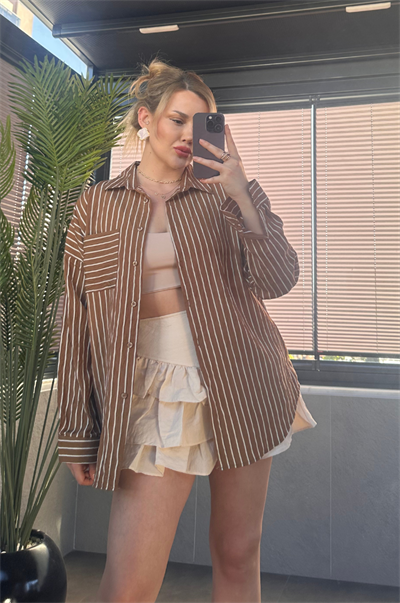 Camel Tek Cepli Çizgili Oversize Modal Gömlek