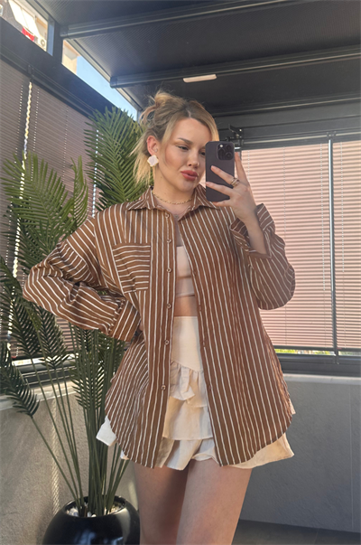 Camel Tek Cepli Çizgili Oversize Modal Gömlek