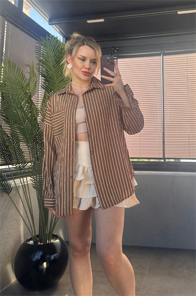 Camel Tek Cepli Çizgili Oversize Modal Gömlek