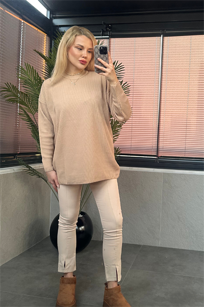 Camel Yarı Boğazlı Fitilli Oversize Kazak