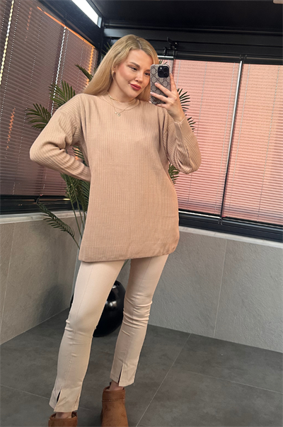 Camel Yarı Boğazlı Fitilli Oversize Kazak