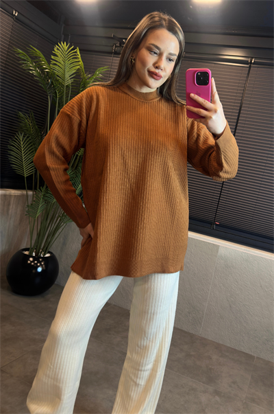 Camel Yarı Boğazlı Fitilli Oversize Kazak 