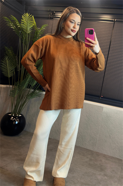 Camel Yarı Boğazlı Fitilli Oversize Kazak 