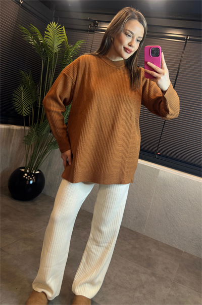 Camel Yarı Boğazlı Fitilli Oversize Kazak 