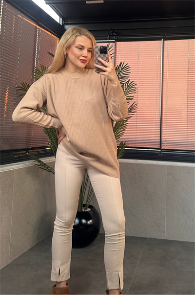 Camel Yarı Boğazlı Fitilli Oversize Kazak