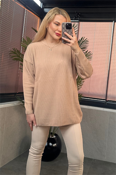 Camel Yarı Boğazlı Fitilli Oversize Kazak