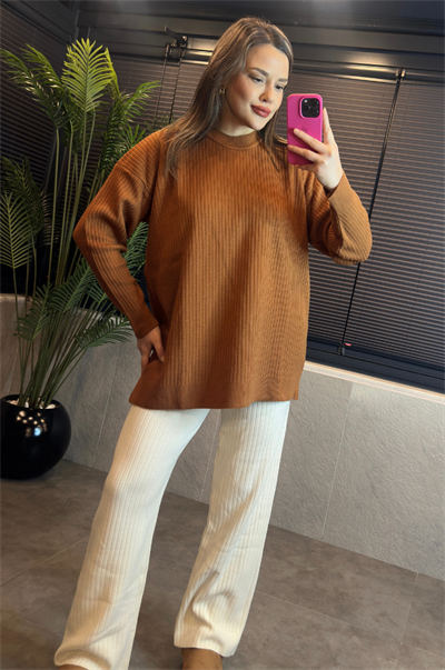 Camel Yarı Boğazlı Fitilli Oversize Kazak 