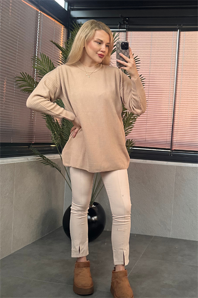 Camel Yarı Boğazlı Fitilli Oversize Kazak