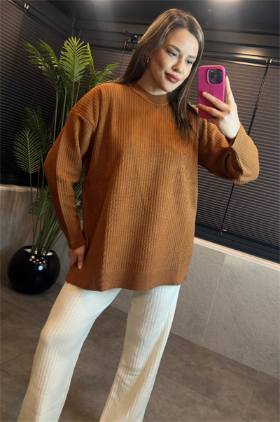 Camel Yarı Boğazlı Fitilli Oversize Kazak 